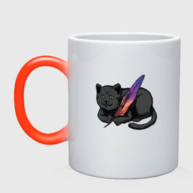Кружка хамелеон с принтом Чёрный кот с пёрышком в Екатеринбурге, керамика | меняет цвет при нагревании, емкость 330 мл | Тематика изображения на принте: black cat | cats | cute | feather | fluffy | kitten | kitty | playful | pussy | pussycat | британская кошка | британский кот | градиент | играет с пером | киса | котенок | кошечка | кошка | милота | перо | прикол | пус | пусси | пушистый кот 