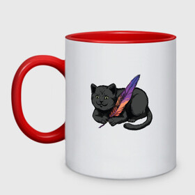 Кружка двухцветная с принтом Чёрный кот с пёрышком в Екатеринбурге, керамика | объем — 330 мл, диаметр — 80 мм. Цветная ручка и кайма сверху, в некоторых цветах — вся внутренняя часть | black cat | cats | cute | feather | fluffy | kitten | kitty | playful | pussy | pussycat | британская кошка | британский кот | градиент | играет с пером | киса | котенок | кошечка | кошка | милота | перо | прикол | пус | пусси | пушистый кот 
