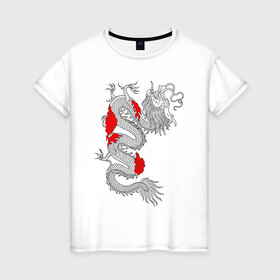 Женская футболка хлопок с принтом Японский Дракон в Екатеринбурге, 100% хлопок | прямой крой, круглый вырез горловины, длина до линии бедер, слегка спущенное плечо | akatsuki | beast | dragon | акацуки | дракон | животные | зверь | змей | когти | облако | огонь | узор | чб | японский