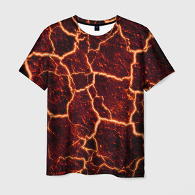 Мужская футболка 3D с принтом Лава в Екатеринбурге, 100% полиэфир | прямой крой, круглый вырез горловины, длина до линии бедер | лава | огонь | пламя | разлом | текстура | трещины