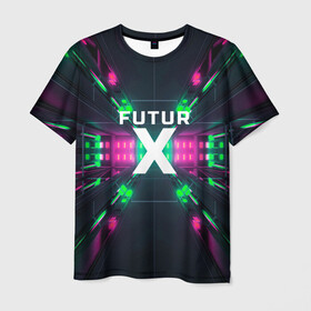 Мужская футболка 3D с принтом FuturX в Екатеринбурге, 100% полиэфир | прямой крой, круглый вырез горловины, длина до линии бедер | Тематика изображения на принте: будущее | киберпанк | крест | неон | технологии