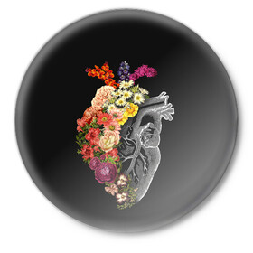 Значок с принтом Natural Heart Dual в Екатеринбурге,  металл | круглая форма, металлическая застежка в виде булавки | 8 | flower | flowers | garden | heart | natural | symbiote | день | женский | марта | международный | природа | растения | сердце | симбиот | цветы
