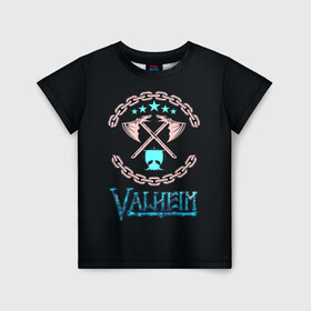 Детская футболка 3D с принтом Valheim лого и цепи в Екатеринбурге, 100% гипоаллергенный полиэфир | прямой крой, круглый вырез горловины, длина до линии бедер, чуть спущенное плечо, ткань немного тянется | fantasy | mmo | valheim | valve | валхейм | вальхейм | викинги | выживалка | игра | королевская битва | ммо | ролевая игра | фэнтази