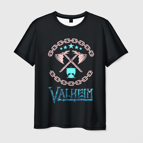Мужская футболка 3D с принтом Valheim лого и цепи в Екатеринбурге, 100% полиэфир | прямой крой, круглый вырез горловины, длина до линии бедер | fantasy | mmo | valheim | valve | валхейм | вальхейм | викинги | выживалка | игра | королевская битва | ммо | ролевая игра | фэнтази