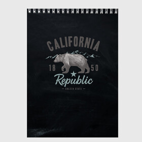Скетчбук с принтом California republic в Екатеринбурге, 100% бумага
 | 48 листов, плотность листов — 100 г/м2, плотность картонной обложки — 250 г/м2. Листы скреплены сверху удобной пружинной спиралью | Тематика изображения на принте: bear | california | republic | state | калифорния | медведь | республика