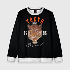 Детский свитшот 3D с принтом Tokyo Tiger Japan в Екатеринбурге, 100% полиэстер | свободная посадка, прямой крой, мягкая тканевая резинка на рукавах и понизу свитшота | Тематика изображения на принте: japan | tokyo | большая кошка | полосатый | тигр | тигрица | токио | хищник