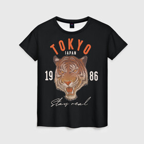 Женская футболка 3D с принтом Tokyo Tiger Japan в Екатеринбурге, 100% полиэфир ( синтетическое хлопкоподобное полотно) | прямой крой, круглый вырез горловины, длина до линии бедер | japan | tokyo | большая кошка | полосатый | тигр | тигрица | токио | хищник