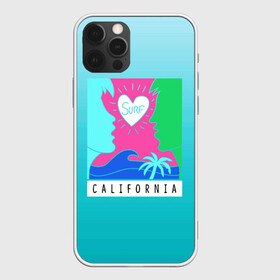 Чехол для iPhone 12 Pro с принтом CALIFORNIA SURF в Екатеринбурге, силикон | область печати: задняя сторона чехла, без боковых панелей | Тематика изображения на принте: california | love | surf | влюбленные | закат | калифорния | любовь | море | пальма