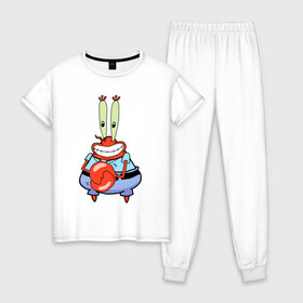 Женская пижама хлопок с принтом Мистер Крабс в Екатеринбурге, 100% хлопок | брюки и футболка прямого кроя, без карманов, на брюках мягкая резинка на поясе и по низу штанин | Тематика изображения на принте: mister crabs | sponge bob | губка боб | мистер крабс