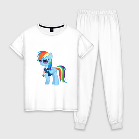 Женская пижама хлопок с принтом Pony - Rainbow Dash в Екатеринбурге, 100% хлопок | брюки и футболка прямого кроя, без карманов, на брюках мягкая резинка на поясе и по низу штанин | applejack | friendship | mylittlepony | rainbow dash | twilight sparkle | waifu | вайфу | дружба это магия | кони | моя маленькая пони | мультфильм | пони | радуга | ренбоу деш | эплджек