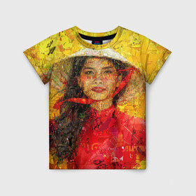 Детская футболка 3D с принтом Вьетнам в Екатеринбурге, 100% гипоаллергенный полиэфир | прямой крой, круглый вырез горловины, длина до линии бедер, чуть спущенное плечо, ткань немного тянется | вьетнам | девушка | лето | молодежное | пестрое | позитив