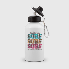 Бутылка спортивная с принтом Surf в Екатеринбурге, металл | емкость — 500 мл, в комплекте две пластиковые крышки и карабин для крепления | surf | usa | калифорния | лето | море