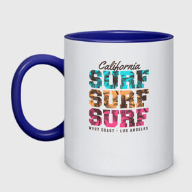 Кружка двухцветная с принтом Surf в Екатеринбурге, керамика | объем — 330 мл, диаметр — 80 мм. Цветная ручка и кайма сверху, в некоторых цветах — вся внутренняя часть | Тематика изображения на принте: surf | usa | калифорния | лето | море