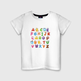Детская футболка хлопок с принтом Английский Алфавит в Екатеринбурге, 100% хлопок | круглый вырез горловины, полуприлегающий силуэт, длина до линии бедер | алфавит | английский алфавит | буквы | буквы с глазами | красочные буквы | персонажи