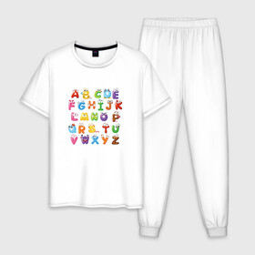 Мужская пижама хлопок с принтом Английский Алфавит в Екатеринбурге, 100% хлопок | брюки и футболка прямого кроя, без карманов, на брюках мягкая резинка на поясе и по низу штанин
 | алфавит | английский алфавит | буквы | буквы с глазами | красочные буквы | персонажи