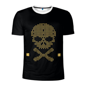 Мужская футболка 3D спортивная с принтом Пиратский через из золота в Екатеринбурге, 100% полиэстер с улучшенными характеристиками | приталенный силуэт, круглая горловина, широкие плечи, сужается к линии бедра | hell | skull | ад | скелет | ужасы | череп | черепушка