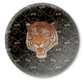 Значок с принтом Морда тигра в Екатеринбурге,  металл | круглая форма, металлическая застежка в виде булавки | большая кошка | полосатый | тигр | тигрица | хищник