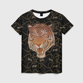 Женская футболка 3D с принтом Морда тигра в Екатеринбурге, 100% полиэфир ( синтетическое хлопкоподобное полотно) | прямой крой, круглый вырез горловины, длина до линии бедер | большая кошка | полосатый | тигр | тигрица | хищник