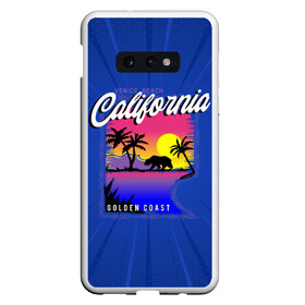 Чехол для Samsung S10E с принтом California golden coast в Екатеринбурге, Силикон | Область печати: задняя сторона чехла, без боковых панелей | california | golden coast | гризли | закат | калифорния | медведь | пальмы | природа