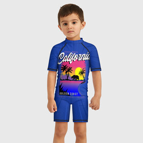 Детский купальный костюм 3D с принтом California golden coast в Екатеринбурге, Полиэстер 85%, Спандекс 15% | застежка на молнии на спине | california | golden coast | гризли | закат | калифорния | медведь | пальмы | природа