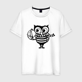 Мужская футболка хлопок с принтом Сова с корабликом в Екатеринбурге, 100% хлопок | прямой крой, круглый вырез горловины, длина до линии бедер, слегка спущенное плечо. | owl | owls | сова | совушка | совы | филин | фраза | юмор