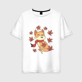 Женская футболка хлопок Oversize с принтом Осенний милый котик и листопад в Екатеринбурге, 100% хлопок | свободный крой, круглый ворот, спущенный рукав, длина до линии бедер
 | art | autumn | cat | cats | cute | fall | kawaii | kitten | kitty | leaf fall | pussycat | арт | в шарфике | иллюстрация | кавайи | кавайный кот | клен | кленовые листья | котенок | коты | котята | листья | милота | осень | рисунок | рыжий ко