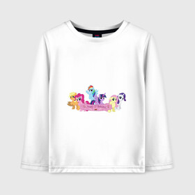 Детский лонгслив хлопок с принтом My Little Pony Happy Birthday в Екатеринбурге, 100% хлопок | круглый вырез горловины, полуприлегающий силуэт, длина до линии бедер | applejack | friendship | mylittlepony | rainbow dash | twilight sparkle | waifu | вайфу | дружба это магия | друзья | кони | моя маленькая пони | мультфильм | пони | радуга | ренбоу деш | эплджек