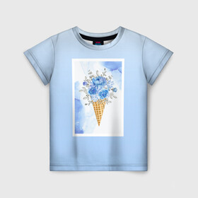 Детская футболка 3D с принтом Цветочный холодок в Екатеринбурге, 100% гипоаллергенный полиэфир | прямой крой, круглый вырез горловины, длина до линии бедер, чуть спущенное плечо, ткань немного тянется | градиент | мороженое | мрамор | облака | рожок | розы | цветы