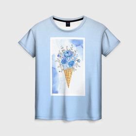 Женская футболка 3D с принтом Цветочный холодок в Екатеринбурге, 100% полиэфир ( синтетическое хлопкоподобное полотно) | прямой крой, круглый вырез горловины, длина до линии бедер | градиент | мороженое | мрамор | облака | рожок | розы | цветы