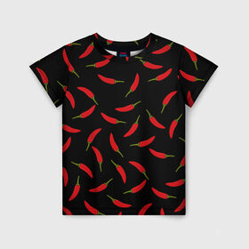 Детская футболка 3D с принтом Chili peppers в Екатеринбурге, 100% гипоаллергенный полиэфир | прямой крой, круглый вырез горловины, длина до линии бедер, чуть спущенное плечо, ткань немного тянется | Тематика изображения на принте: chili peppers | горячий | еда | овощ | острый | перец чили | узор