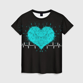 Женская футболка 3D с принтом стук сердца в Екатеринбурге, 100% полиэфир ( синтетическое хлопкоподобное полотно) | прямой крой, круглый вырез горловины, длина до линии бедер | в ритме сердца | геометрическое сердце | горячее сердце | огненное сердце | сердце