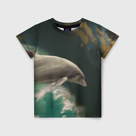 Детская футболка 3D с принтом Дельфин в облаках в Екатеринбурге, 100% гипоаллергенный полиэфир | прямой крой, круглый вырез горловины, длина до линии бедер, чуть спущенное плечо, ткань немного тянется | дельфин | облака | плавник | полет | свобода