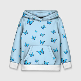 Детская толстовка 3D с принтом Синие бабочки в Екатеринбурге, 100% полиэстер | двухслойный капюшон со шнурком для регулировки, мягкие манжеты на рукавах и по низу толстовки, спереди карман-кенгуру с мягким внутренним слоем | blue | butterfly | emoji | smile | бабочки | насекомые | эмоджи