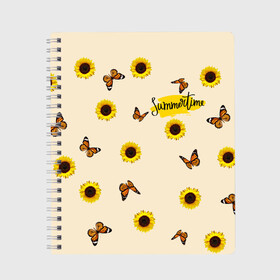 Тетрадь с принтом Butterflies and sunflowers в Екатеринбурге, 100% бумага | 48 листов, плотность листов — 60 г/м2, плотность картонной обложки — 250 г/м2. Листы скреплены сбоку удобной пружинной спиралью. Уголки страниц и обложки скругленные. Цвет линий — светло-серый
 | butterfly | summer | sunflower | бабочки | лето | насекомые | подсолнух | цветы