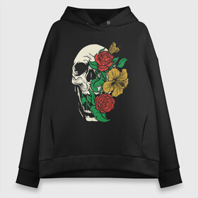 Женское худи Oversize хлопок с принтом Floral Roses Skull  в Екатеринбурге, френч-терри — 70% хлопок, 30% полиэстер. Мягкий теплый начес внутри —100% хлопок | боковые карманы, эластичные манжеты и нижняя кромка, капюшон на магнитной кнопке | bones | cranium | flower | flowers | gothic | merch | rose | skeleton | skull merch | tattoo | букет | готика | кости | мерч | мистика | рисунок черепа | роза | розы | скелет | татуировка | ужасы | флора | цветы | чайные розы | череп | черепа с