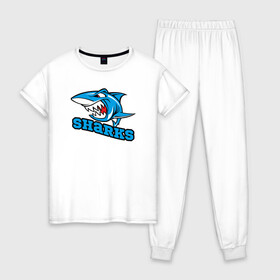 Женская пижама хлопок с принтом Sharks в Екатеринбурге, 100% хлопок | брюки и футболка прямого кроя, без карманов, на брюках мягкая резинка на поясе и по низу штанин | Тематика изображения на принте: shark | sharks | агрессивный | акула | хищник