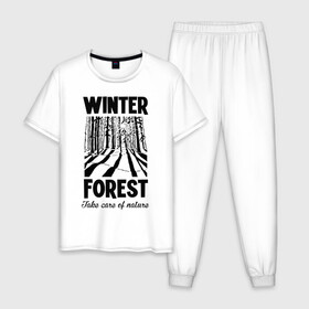 Мужская пижама хлопок с принтом Зимний лес в Екатеринбурге, 100% хлопок | брюки и футболка прямого кроя, без карманов, на брюках мягкая резинка на поясе и по низу штанин
 | Тематика изображения на принте: forest | nature | snow | spruce | sun | winter | winter forest | ели | зима | зимний лес | лес | отдых на природе | природа | снег | солнце | сугробы | тени | туризм