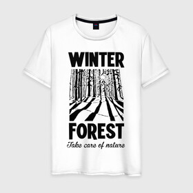 Мужская футболка хлопок с принтом Зимний лес в Екатеринбурге, 100% хлопок | прямой крой, круглый вырез горловины, длина до линии бедер, слегка спущенное плечо. | forest | nature | snow | spruce | sun | winter | winter forest | ели | зима | зимний лес | лес | отдых на природе | природа | снег | солнце | сугробы | тени | туризм