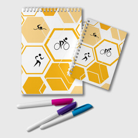 Блокнот с принтом Триатлон / Triathlon в Екатеринбурге, 100% бумага | 48 листов, плотность листов — 60 г/м2, плотность картонной обложки — 250 г/м2. Листы скреплены удобной пружинной спиралью. Цвет линий — светло-серый
 | Тематика изображения на принте: ironman | tri | triathlon | бег | велосипед | велоспорт | выносливость | мультиспорт | плавание | сила | скорость | соты | спорт | три | триатлон | троеборье | цикличный