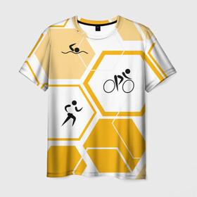 Мужская футболка 3D с принтом Триатлон / Triathlon в Екатеринбурге, 100% полиэфир | прямой крой, круглый вырез горловины, длина до линии бедер | Тематика изображения на принте: ironman | tri | triathlon | бег | велосипед | велоспорт | выносливость | мультиспорт | плавание | сила | скорость | соты | спорт | три | триатлон | троеборье | цикличный