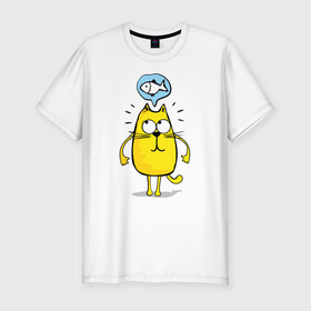 Мужская футболка хлопок Slim с принтом Кот мечтает о рыбе в Екатеринбурге, 92% хлопок, 8% лайкра | приталенный силуэт, круглый вырез ворота, длина до линии бедра, короткий рукав | cat | kitty | киска | кот | котик | котэ | кошечка | кошка | пушистик