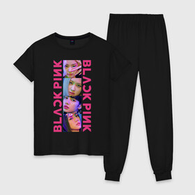Женская пижама хлопок с принтом BLACKPINK Neon в Екатеринбурге, 100% хлопок | брюки и футболка прямого кроя, без карманов, на брюках мягкая резинка на поясе и по низу штанин | black | blackpink | chae | jennie | jisoo | kim | kpop | lalisa | lisa | manoban | neon | park | pink | rose | young | дженни | джису | ён | ким | лалиса | лиса | манобан | неон | пак | розэ | че
