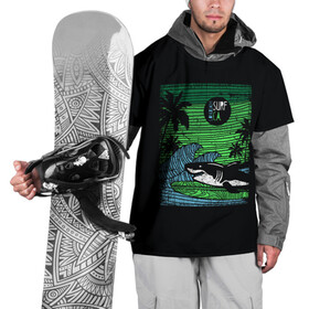 Накидка на куртку 3D с принтом Surf shark в Екатеринбурге, 100% полиэстер |  | shark | акула | вода | море | океан | остров | отпуск | пальмы | серфинг