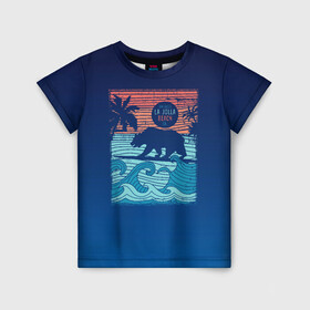 Детская футболка 3D с принтом Медведь на серфинге в Екатеринбурге, 100% гипоаллергенный полиэфир | прямой крой, круглый вырез горловины, длина до линии бедер, чуть спущенное плечо, ткань немного тянется | Тематика изображения на принте: волны | закат | медведь | море | океан | отдых | отпуск | пальмы | серфинг