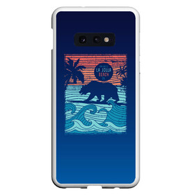 Чехол для Samsung S10E с принтом Медведь на серфинге в Екатеринбурге, Силикон | Область печати: задняя сторона чехла, без боковых панелей | Тематика изображения на принте: волны | закат | медведь | море | океан | отдых | отпуск | пальмы | серфинг