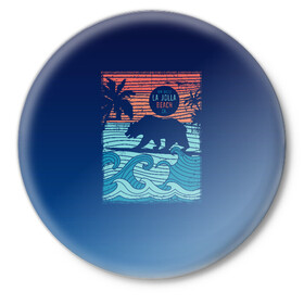 Значок с принтом Медведь на серфинге в Екатеринбурге,  металл | круглая форма, металлическая застежка в виде булавки | волны | закат | медведь | море | океан | отдых | отпуск | пальмы | серфинг
