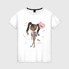 Женская футболка хлопок с принтом Милая Лола с котиком и шариком в Екатеринбурге, 100% хлопок | прямой крой, круглый вырез горловины, длина до линии бедер, слегка спущенное плечо | девушка | косички | кот | лола | любовь | малышка | милашка | мультяшка | сердце | шарик