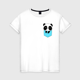 Женская футболка хлопок с принтом Панда милашка в кармашке в Екатеринбурге, 100% хлопок | прямой крой, круглый вырез горловины, длина до линии бедер, слегка спущенное плечо | животное | карман | малышка | медведь | милашка
