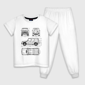 Детская пижама хлопок с принтом MERCEDES-BENZ G-CLASS (СХЕМА) в Екатеринбурге, 100% хлопок |  брюки и футболка прямого кроя, без карманов, на брюках мягкая резинка на поясе и по низу штанин
 | Тематика изображения на принте: amg | auto | car | g 350. | g 500 | g 63 | g класс | mercedes | mercedes benz | sport car | авто | автомобиль | амг | гелендваген | гелик | мерс | мерседес | спорт