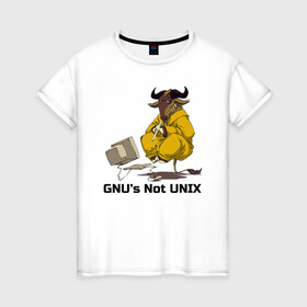 Женская футболка хлопок с принтом GNU’s Not UNIX в Екатеринбурге, 100% хлопок | прямой крой, круглый вырез горловины, длина до линии бедер, слегка спущенное плечо | Тематика изображения на принте: gnu | linux | not unix | programming | гну | линукс | программист | сисадмин | системный администратор